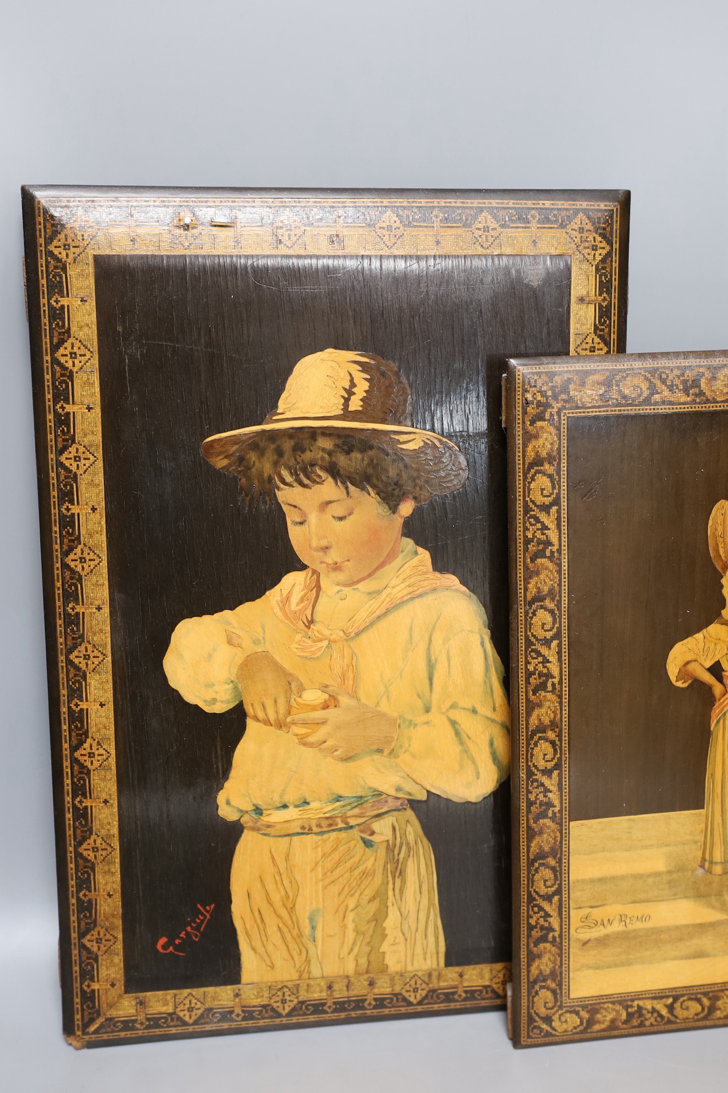 Two 19th century Sorento marquetry panels, both signed, San Remo and Gargiule, largest 38x26cm